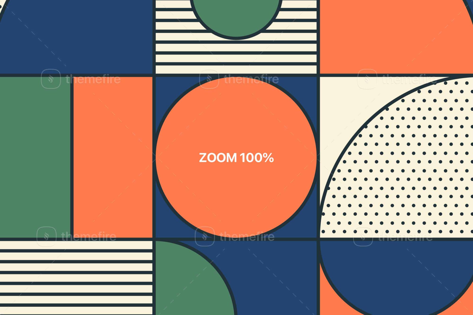 Zoomed-in preview at 100 percent showing seamless geometric patterns with abstract shapes in green orange navy and cream including stripes dots and bold curves