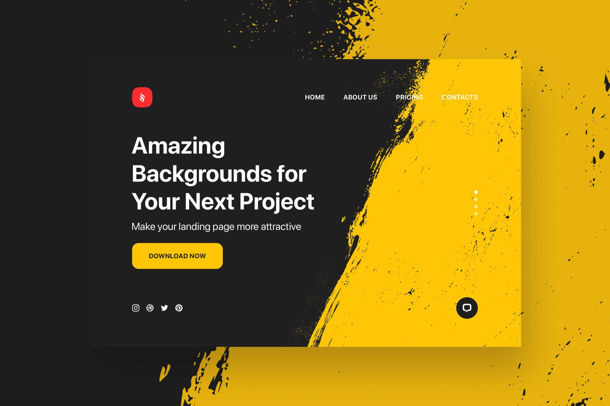 Website landing page mockup using bold yellow and black grunge textures to create an eye-catching, creative, and modern layout