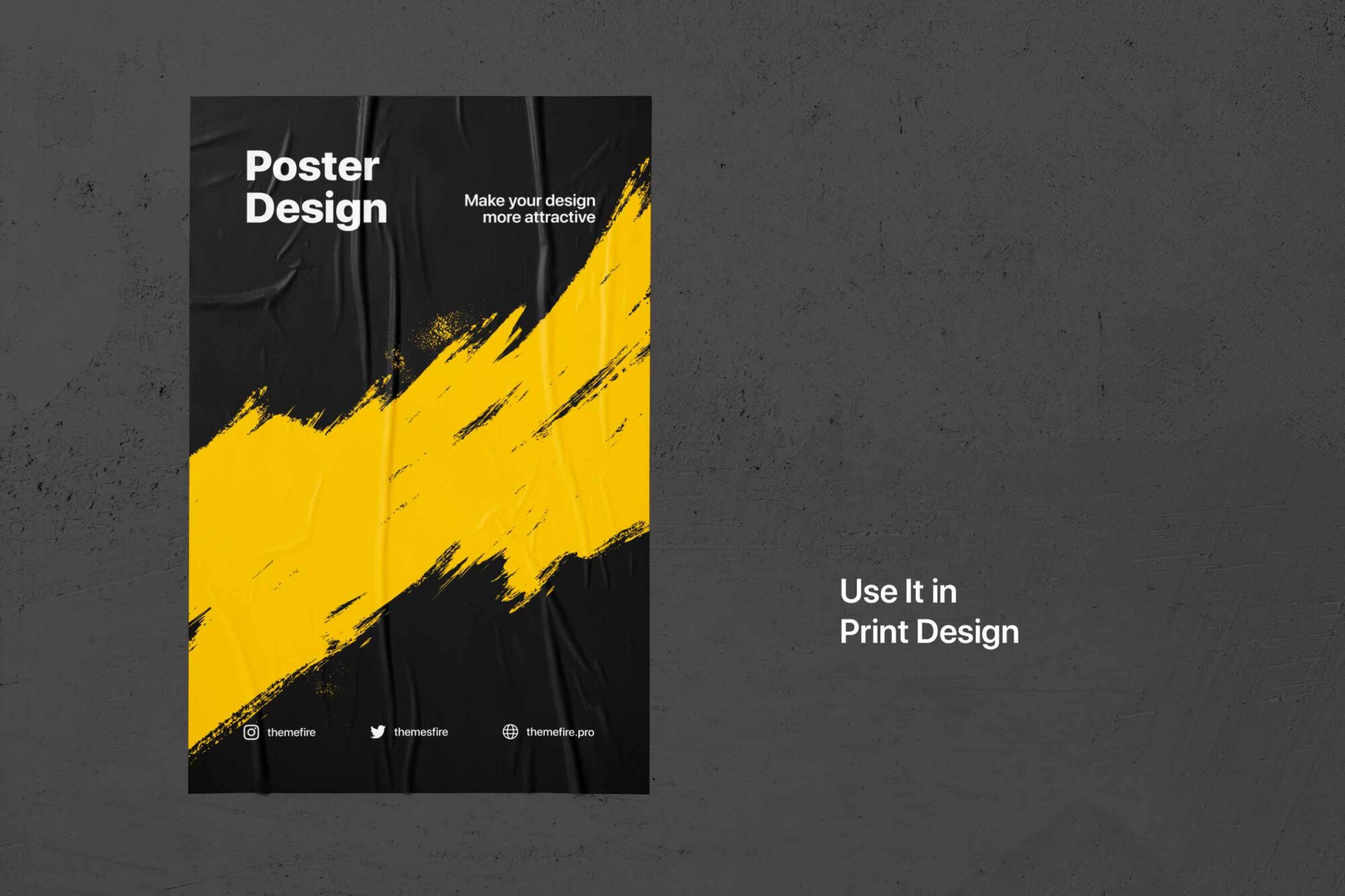 Poster mockup with bold yellow grunge texture on a black background, demonstrating high-resolution graphics ready for print design use