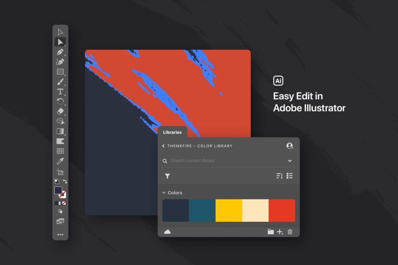 Interface showing editable vector grunge textures in Adobe Illustrator with color swatches and layer tools for easy customization