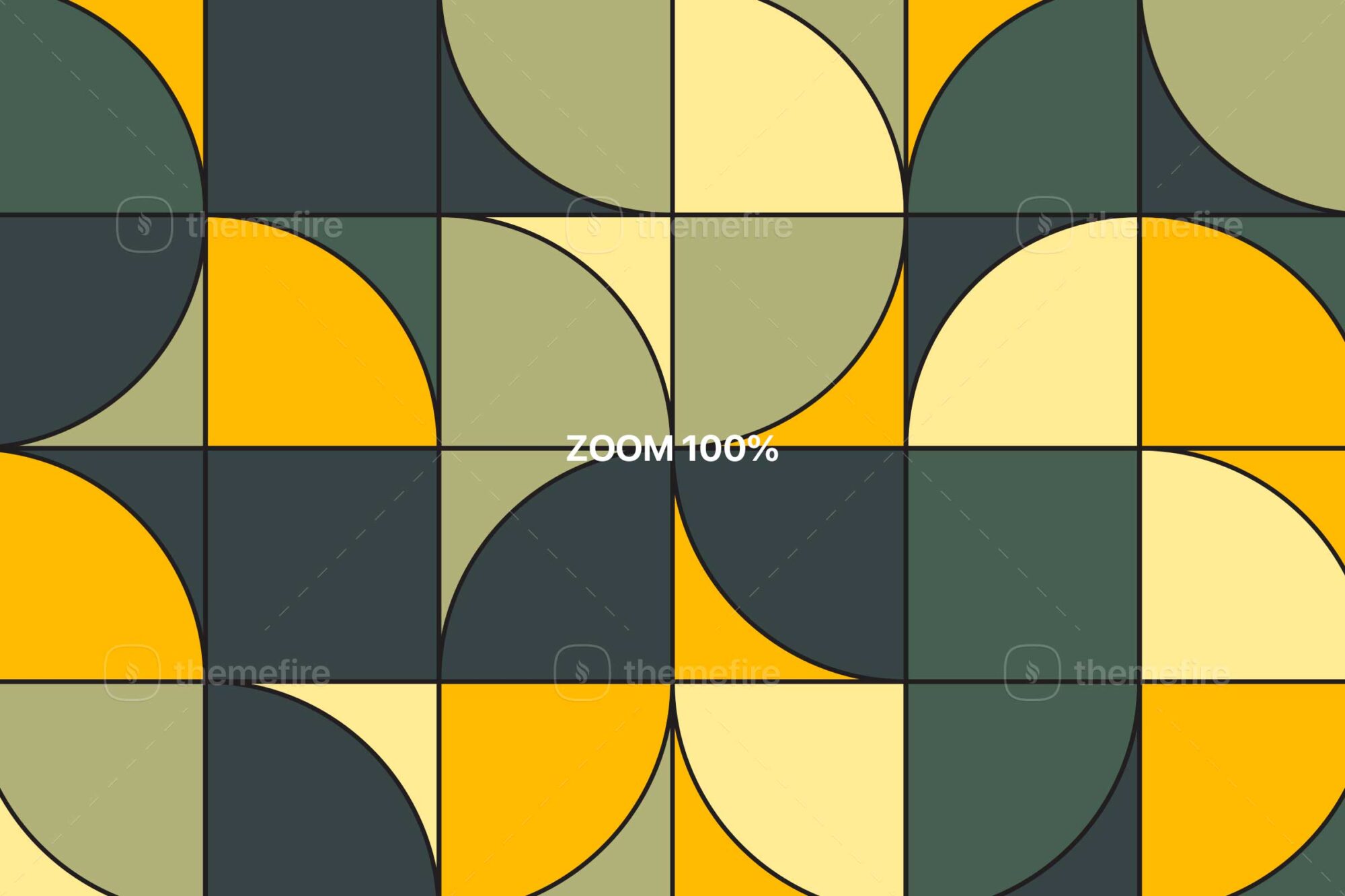 Close-up 100% zoom image showing detailed geometric semicircle pattern with dark green yellow and beige tones in a seamless decorative abstract layout
