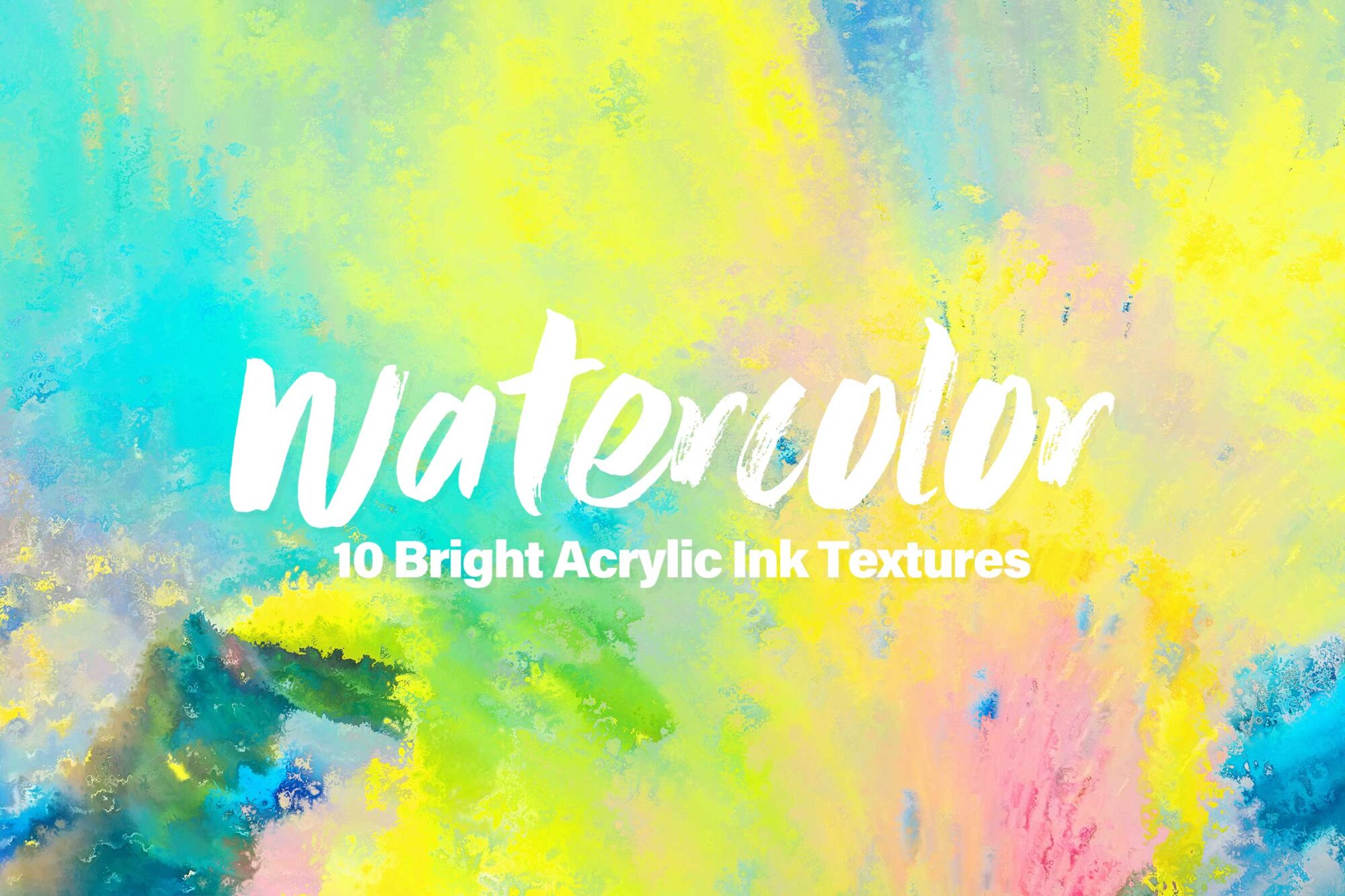 Cover image of a vibrant watercolor texture pack featuring bold strokes in yellow, blue, green, and pink with large text reading "10 Bright Acrylic Ink Textures" in white