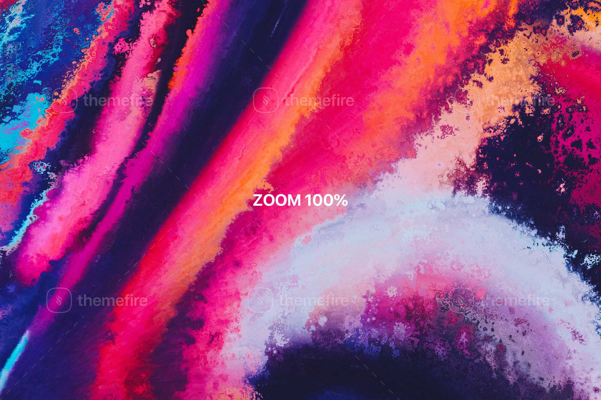 Close-up view of a vibrant watercolor texture showcasing rich paint details in magenta, orange, violet, and blue tones with high-resolution ink patterns and abstract strokes
