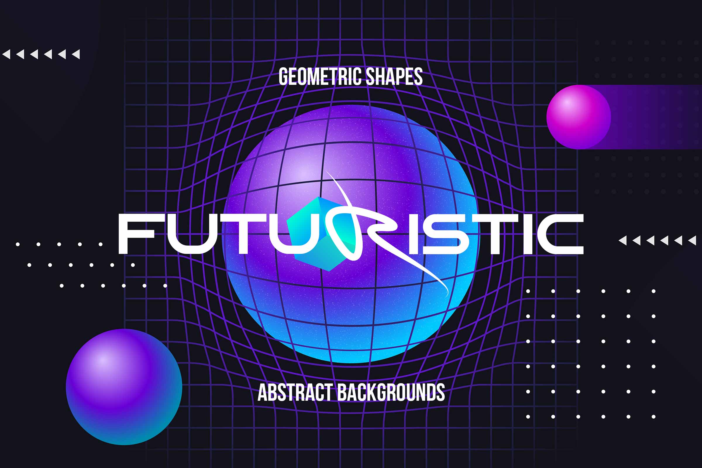 Front visual for geometric graphic set featuring a glowing central shape, colorful spheres, and grid design with bold futuristic branding text