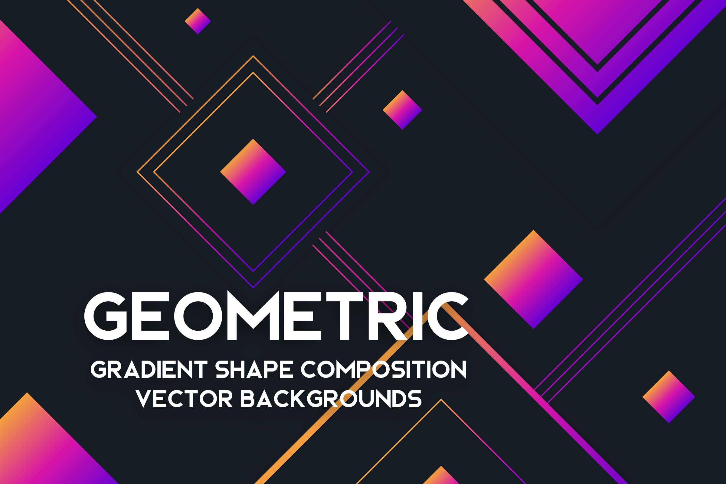 Cover image featuring vibrant geometric gradient squares and lines on a dark background with bold typography promoting a modern vector background graphic collection