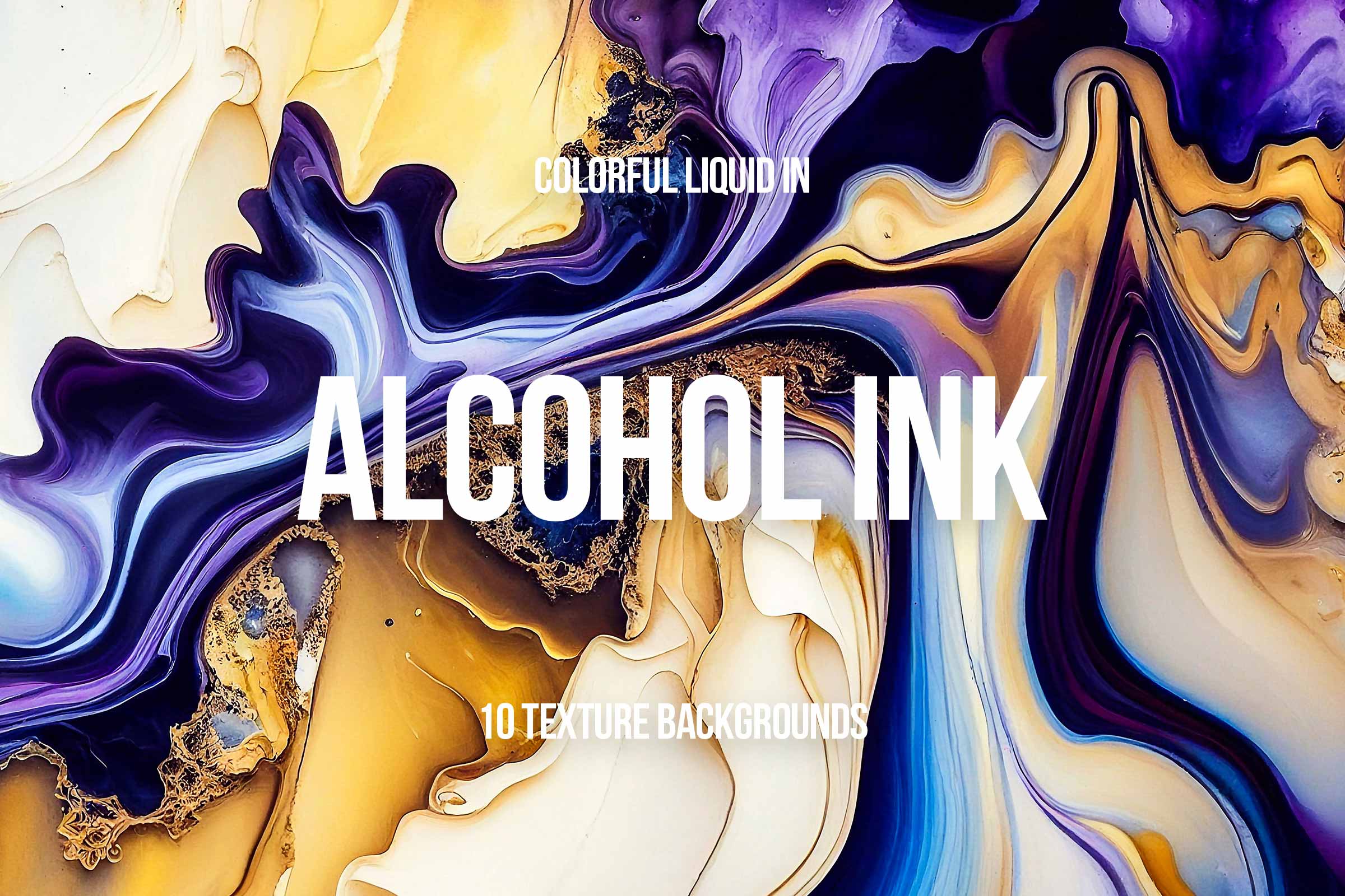A bold cover featuring abstract alcohol ink textures with purple, gold, and cream gradients. Represents the colorful and modern 10-texture graphic collection