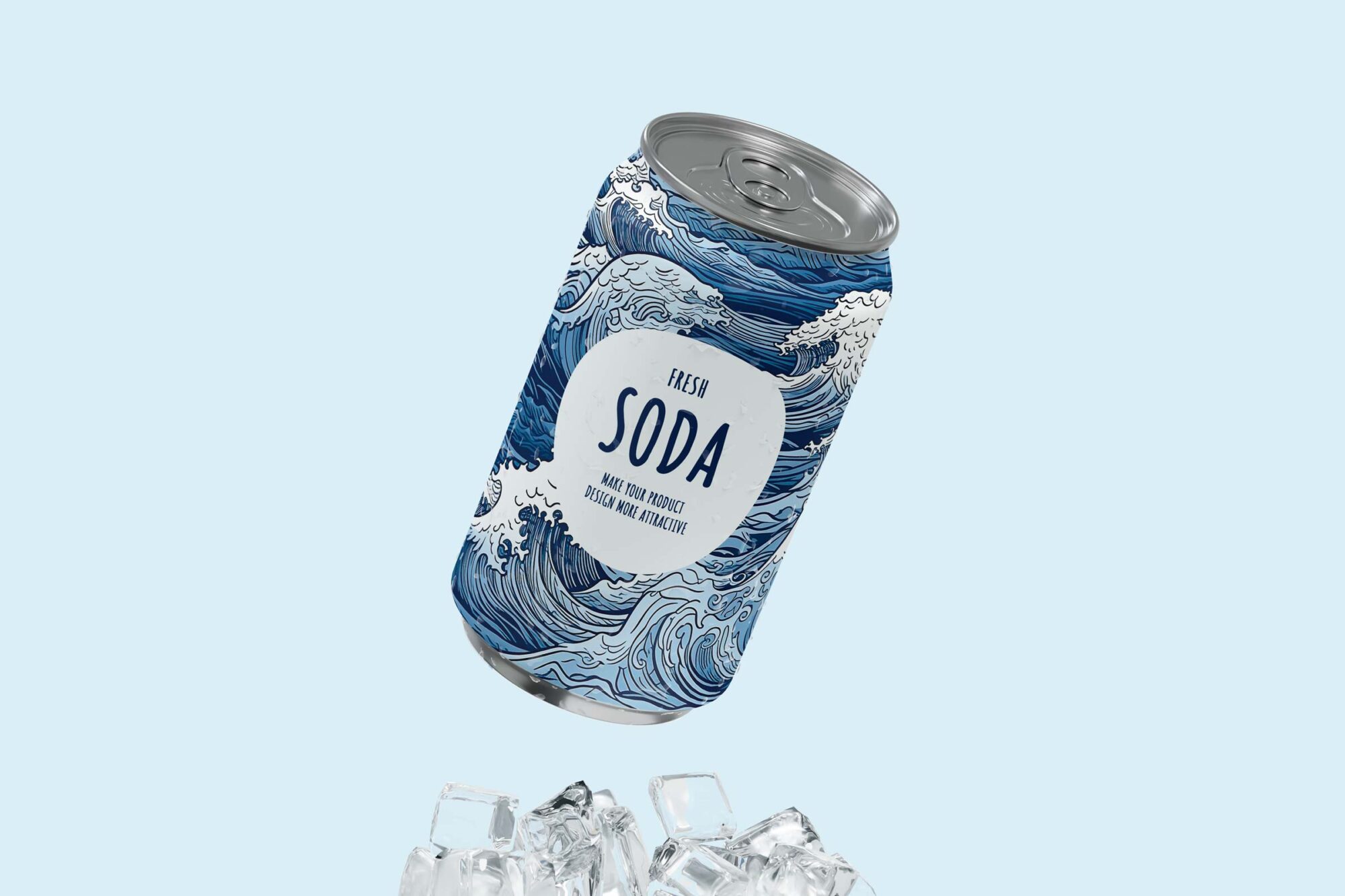 Hand-drawn ocean wave pattern in blue used on a soda can, illustrating how this seamless design can enhance product branding and packaging aesthetics