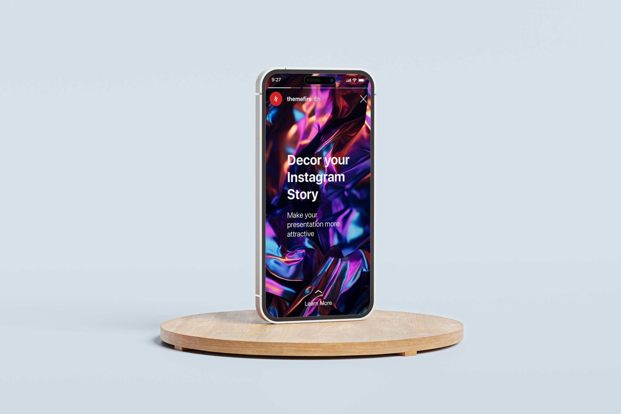 Display of a smartphone on a wooden stand showcasing an Instagram story enhanced with iridescent crumpled foil textures from our collection, illustrating how these vibrant graphics can elevate social media presentations