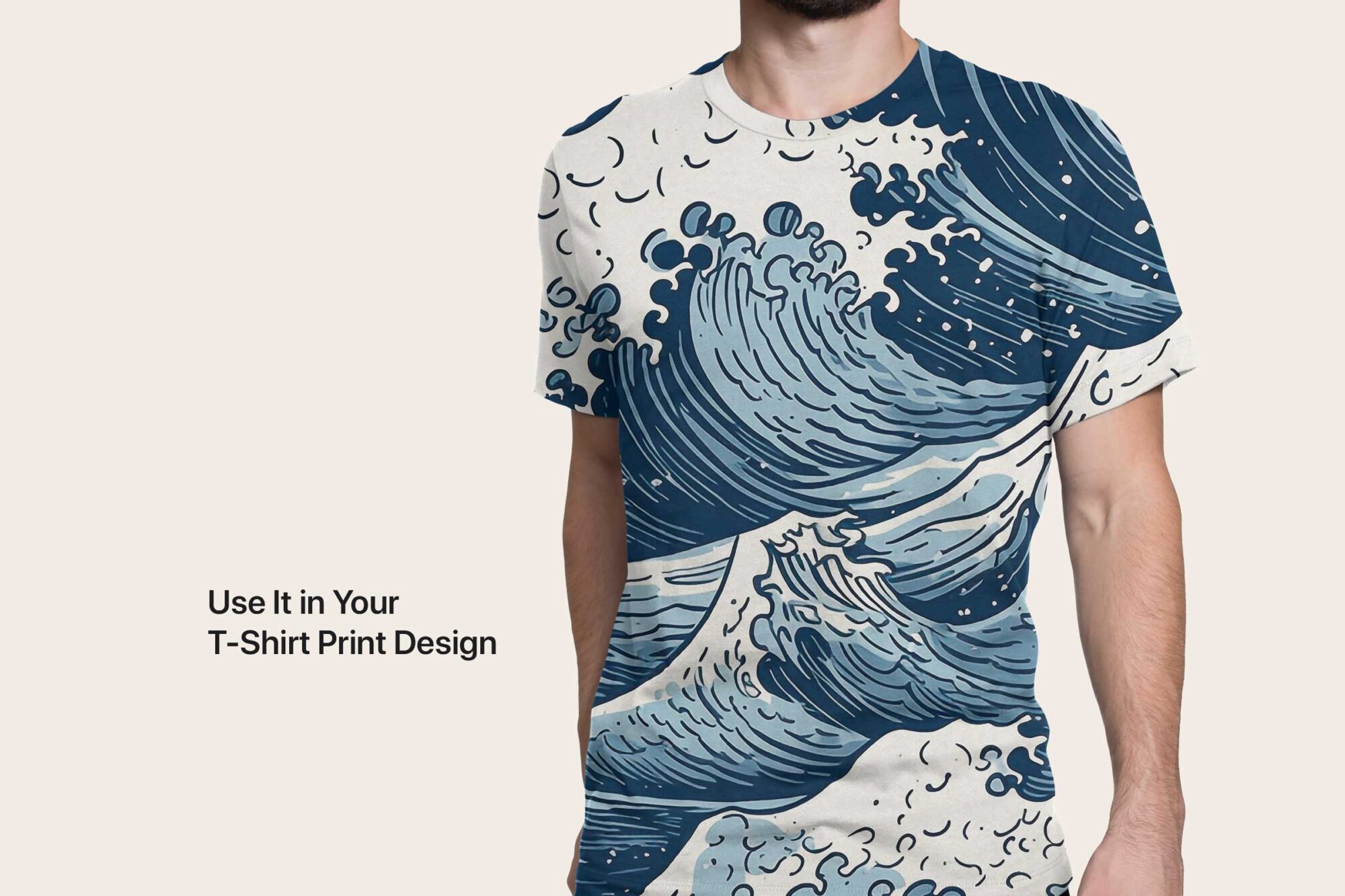 T-shirt with a decorative hand-drawn ocean wave pattern in blue, showcasing seamless flowing lines. Perfect for custom apparel and creative print designs
