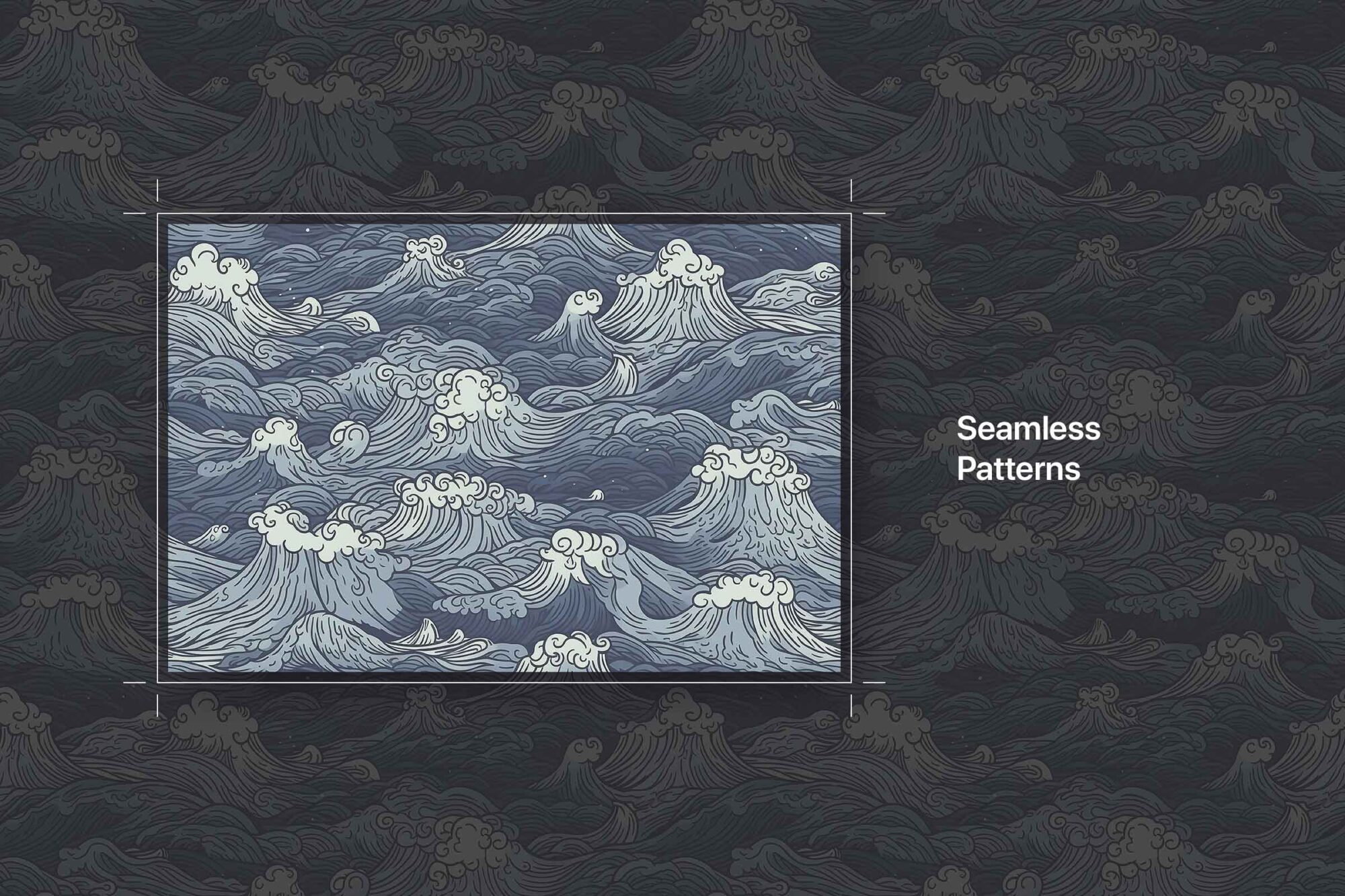 Set of hand-drawn ocean wave seamless patterns in blue, featuring intricate flowing lines and decorative wave elements, displayed on a contrasting dark background