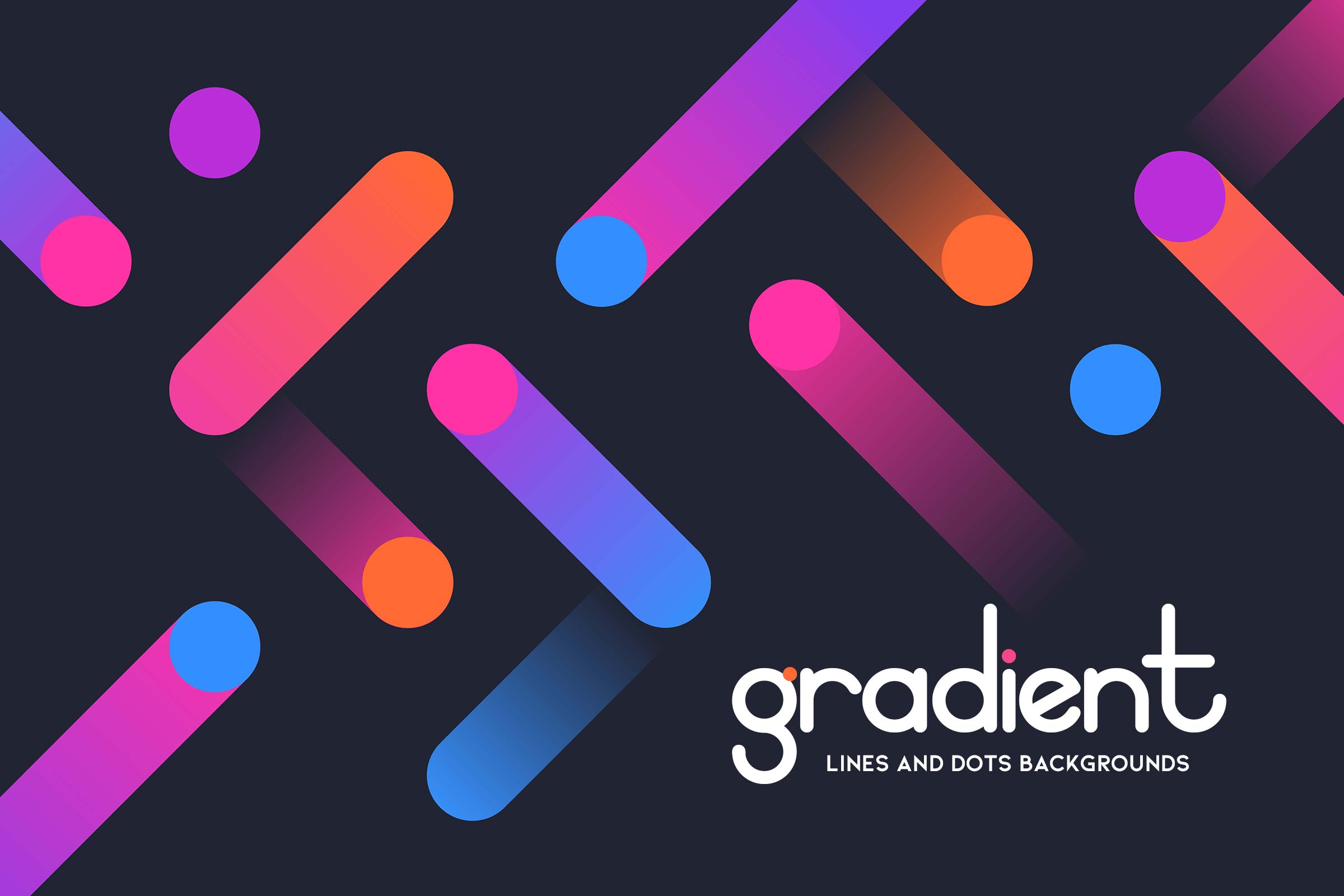 Cover image for the Gradient Lines and Dots Backgrounds collection, featuring vividly colored diagonal gradient lines and circular dots on a dark background, perfect for adding dynamic and colorful elements to any design