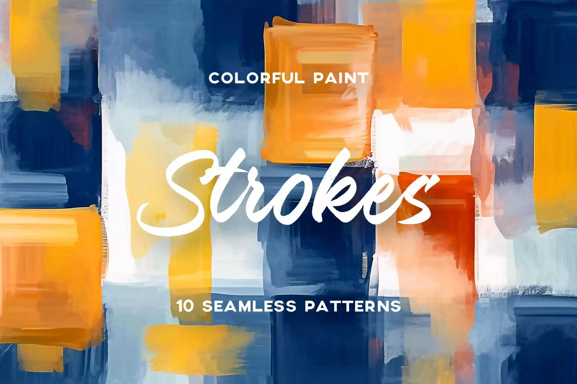 Cover image for the 'Colorful Paint Strokes Collection' featuring 10 seamless patterns with bold and vibrant brushstrokes in various shades, perfect for design projects