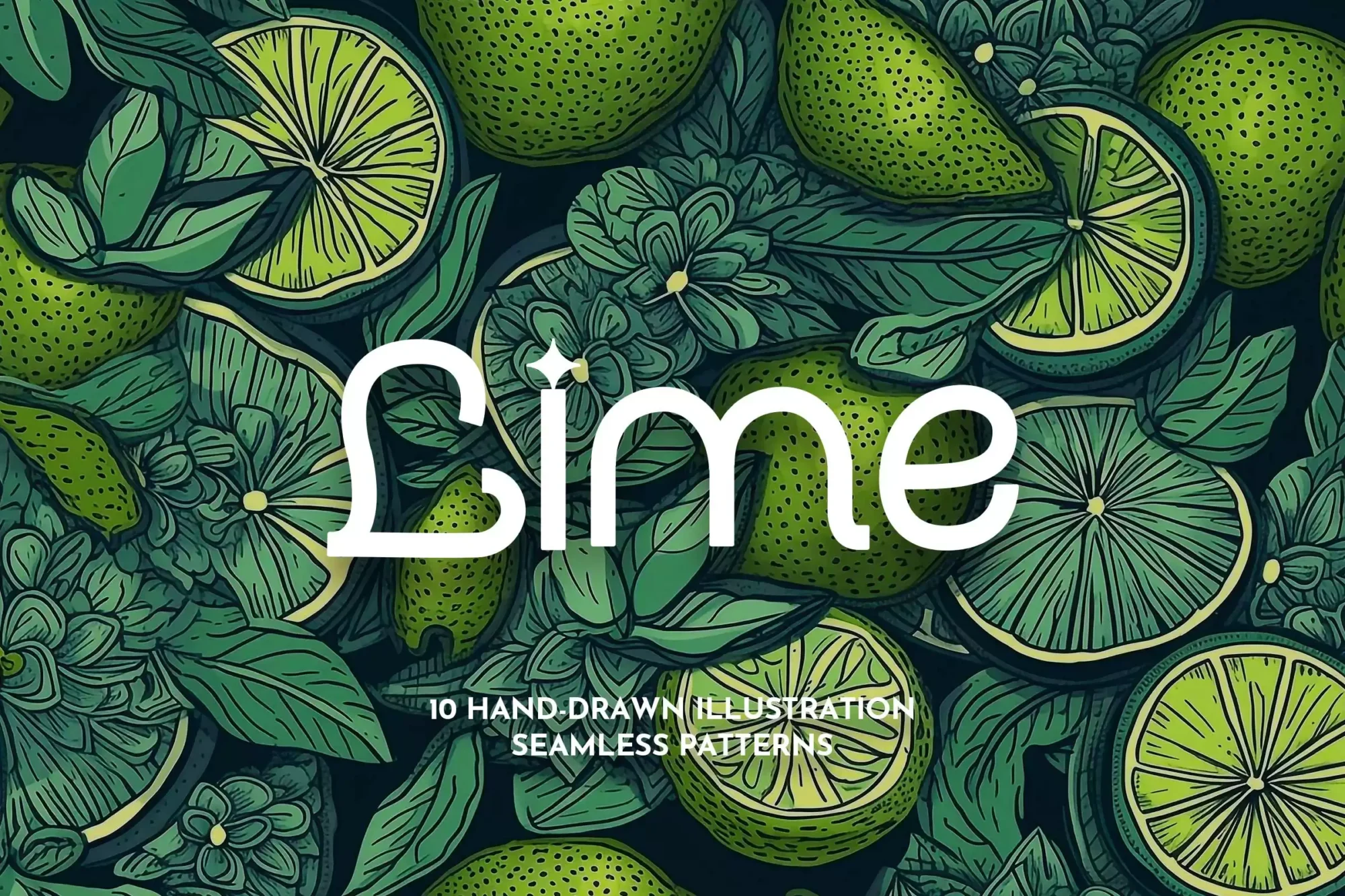 Cover image of a captivating graphic collection featuring abstract hand-drawn illustrations in lime seamless patterns