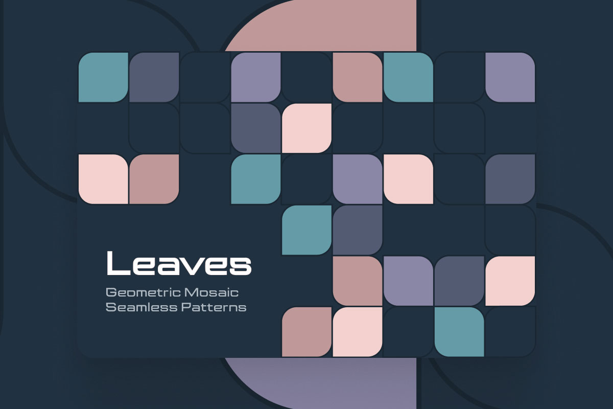 Cover image for the 'Geometric Leaves Mosaic Seamless Patterns' graphic collection, showcasing a mesmerizing array of seamless patterns with geometric leaf motifs in a stunning mosaic design