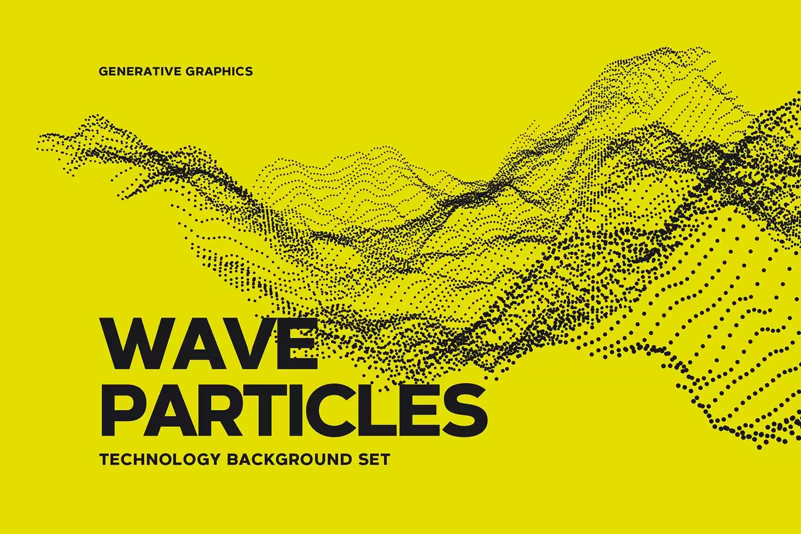 Futuristic technology cover design featuring abstract dynamic particle waves creating a sense of turbulence, set against a vibrant yellow background, representing the forefront of generative graphics