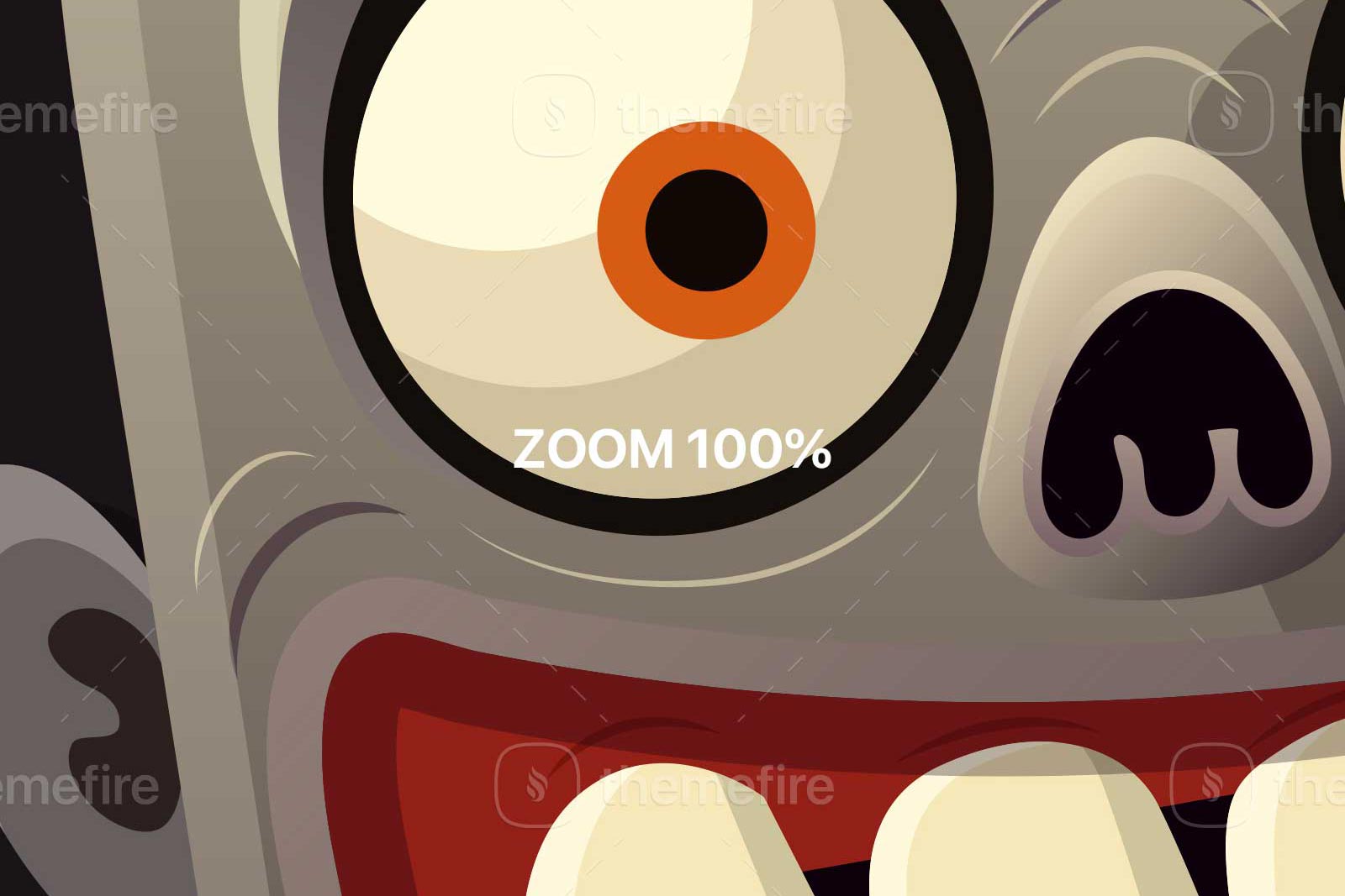 Close-up view of a cartoon monster face, showcasing meticulous vector details, especially around the eyes and mouth, indicating 100% zoom level for optimal clarity