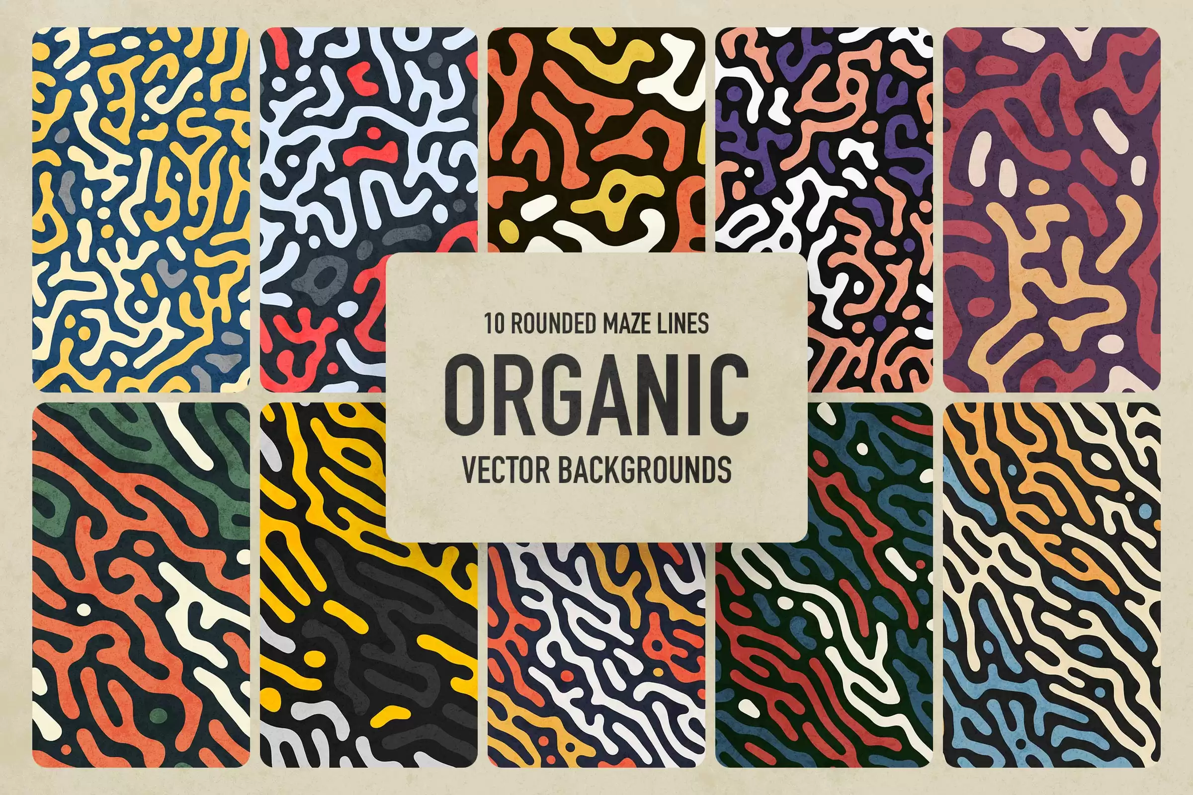 Cover for a collection of 10 organic vector backgrounds, showcasing an array of rounded maze line patterns in vibrant, retro-inspired colors