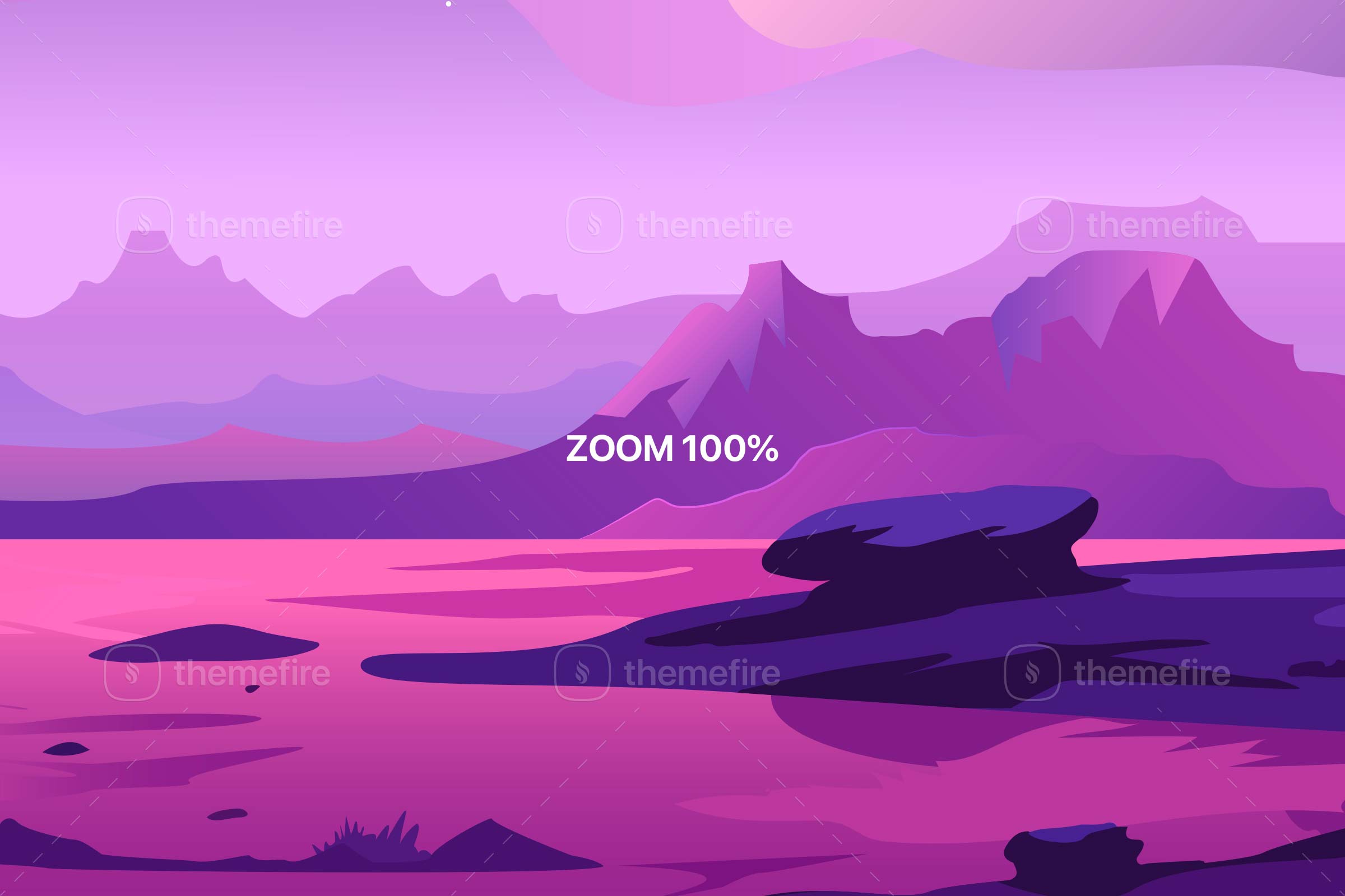 Close-up view at 100% zoom of a vector graphic showing the intricate details of a purple landscape with layered mountain silhouettes and a tranquil lake