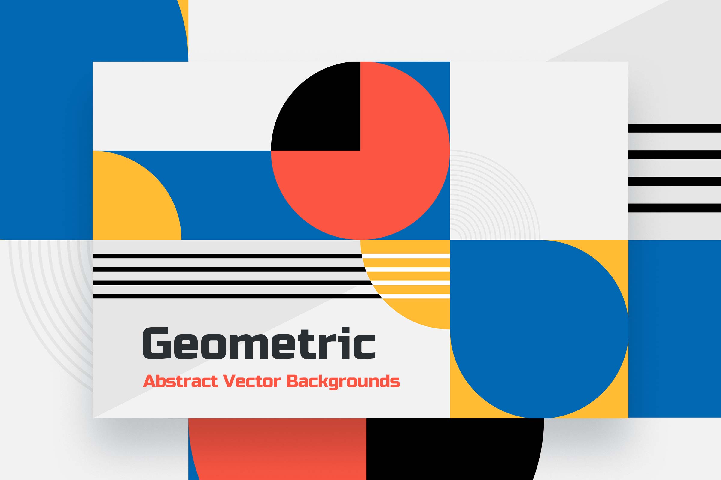 Cover for a graphic collection featuring abstract vector backgrounds with bold geometric shapes in blue, red, and yellow, capturing the essence of Bauhaus style