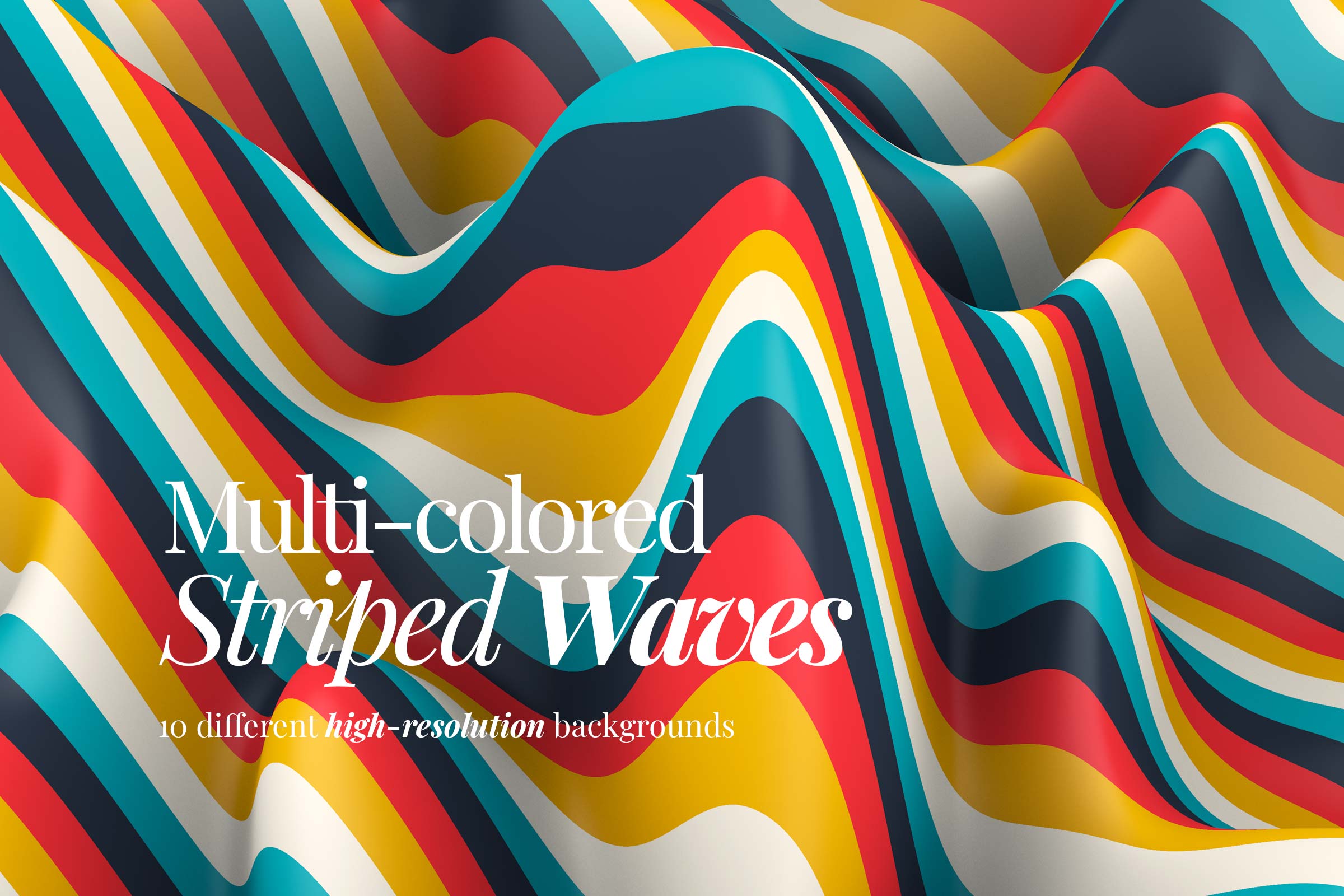 Cover image for a graphic collection featuring multi-colored striped waves in rich reds, blues, yellows, and creams, ideal for diverse high-resolution backgrounds
