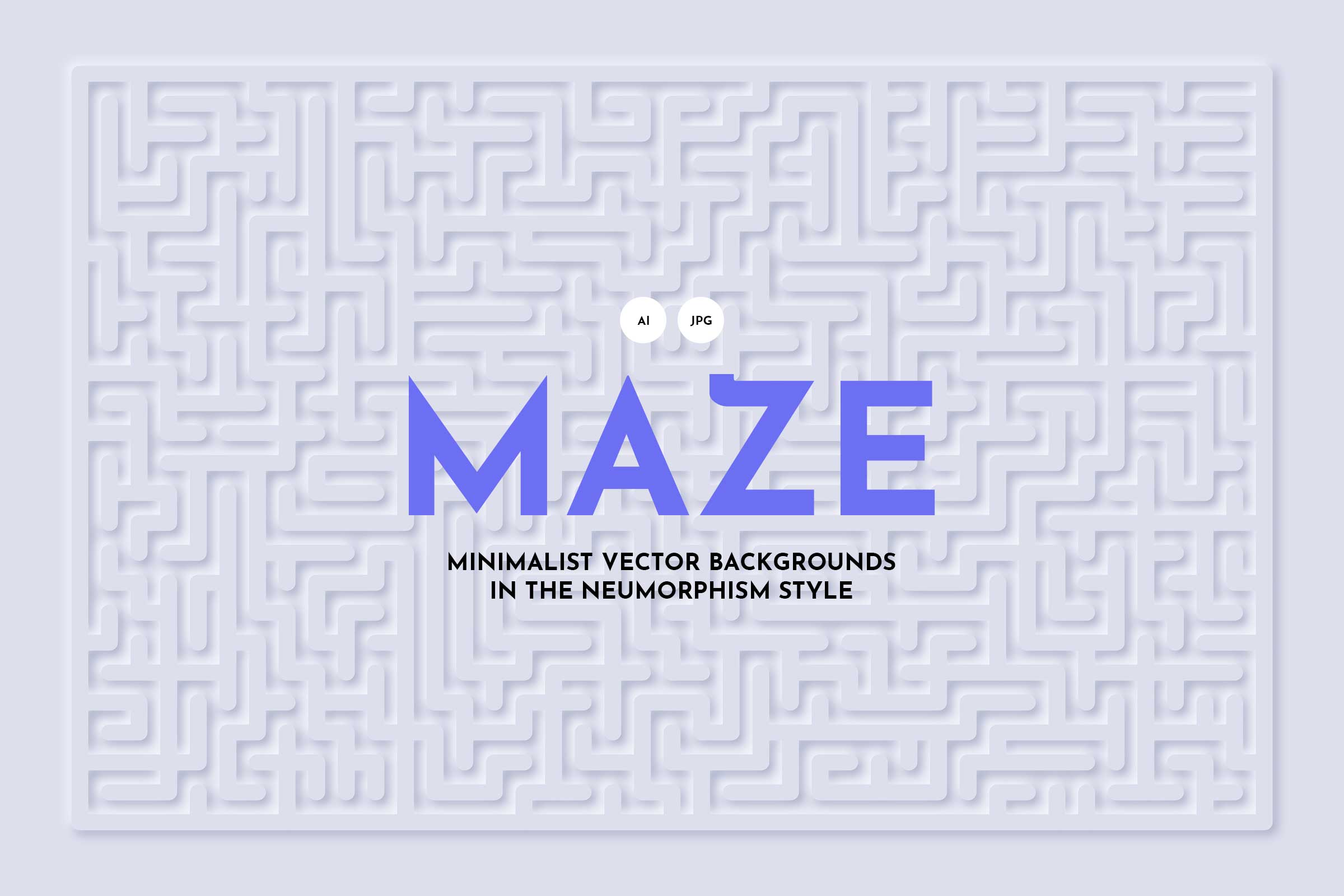 Cover image for the "Neumorphism Maze Backgrounds" collection featuring the word 'MAZE' in bold purple over a sample of minimalist vector background in the neumorphic style, available in AI and JPG formats