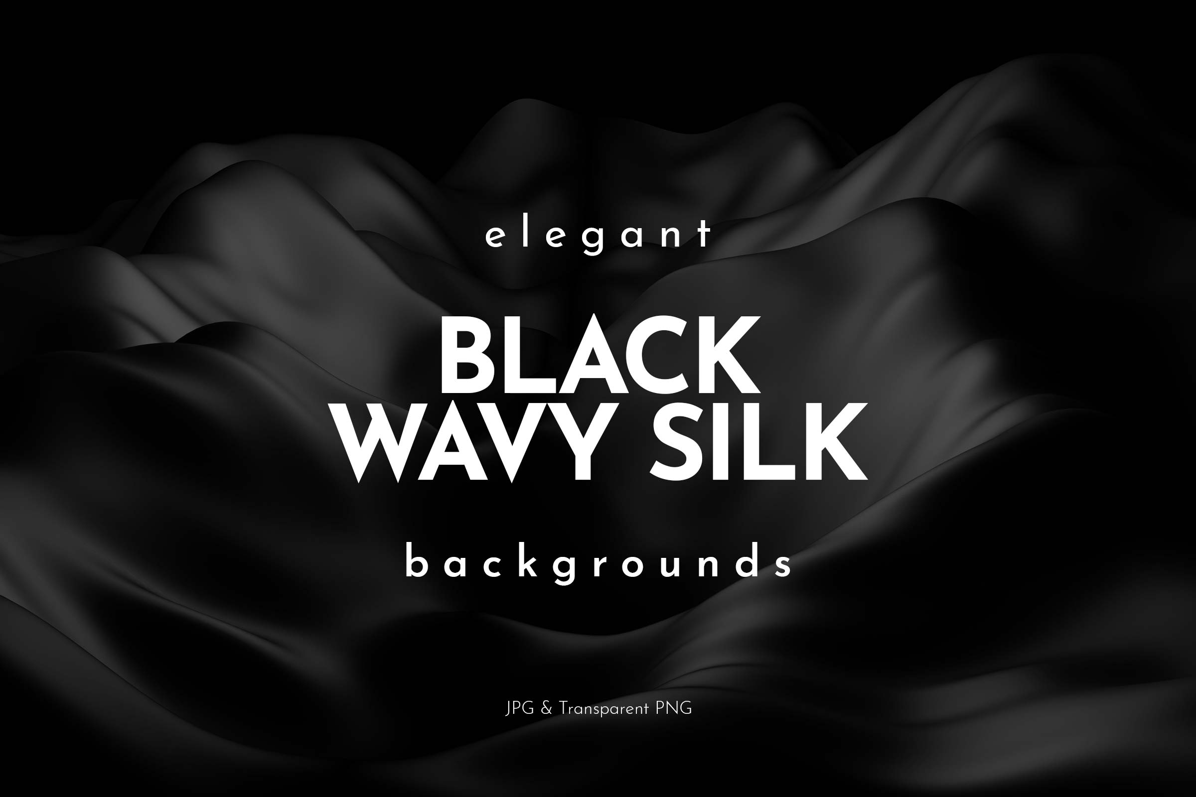 Cover image for 'Black Wavy Silk Backgrounds' collection, featuring sumptuous black silk with a fluid wavy texture, available in JPG and Transparent PNG formats
