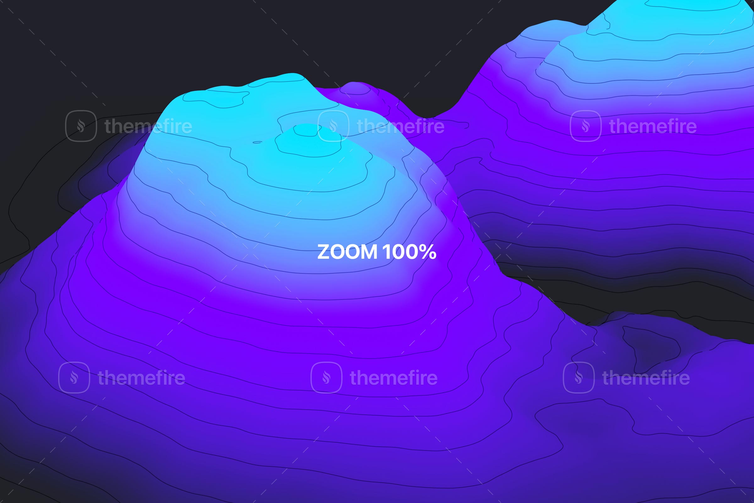 A close-up view of a 3D topographic map graphic with vibrant blue to purple gradients, displaying detailed contours and elevation at 100% zoom