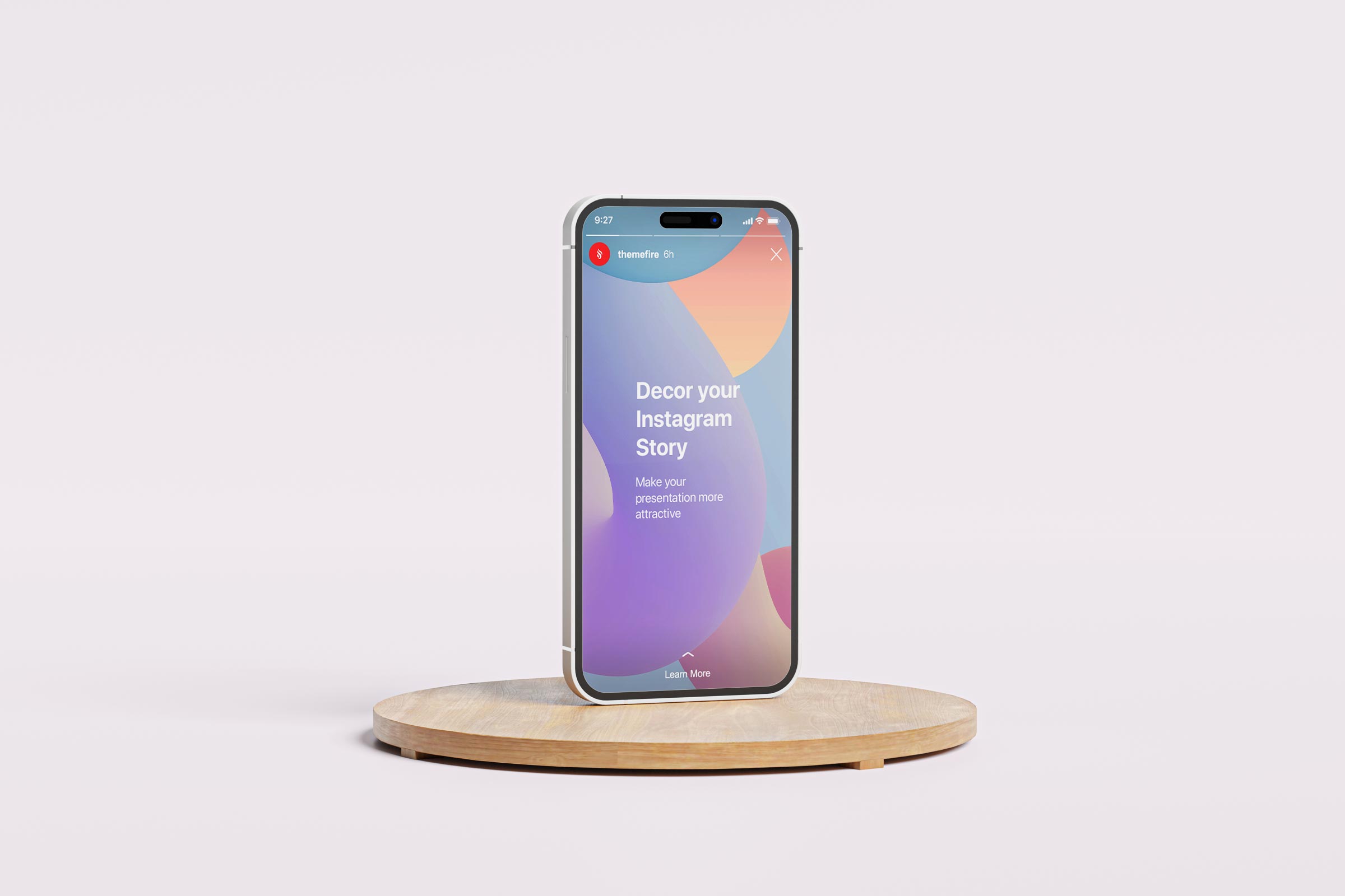 An iPhone on a wooden stand displays a colorful graphic with the text 'Decor your Instagram Story', suggesting a use for vibrant graphics in social media stories