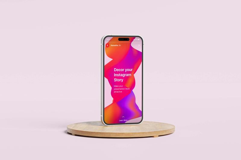 A smartphone displaying a vibrant, holographic wave design with a prompt to "Decor your Instagram Story," suggesting the use of these graphics for social media story personalization