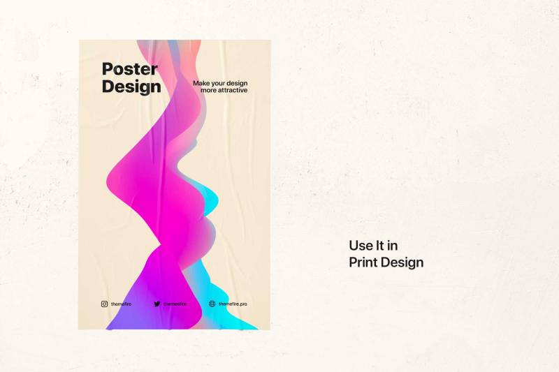 A modern print design poster template featuring a bold holographic wave graphic, ideal for creating eye-catching and attractive printed materials