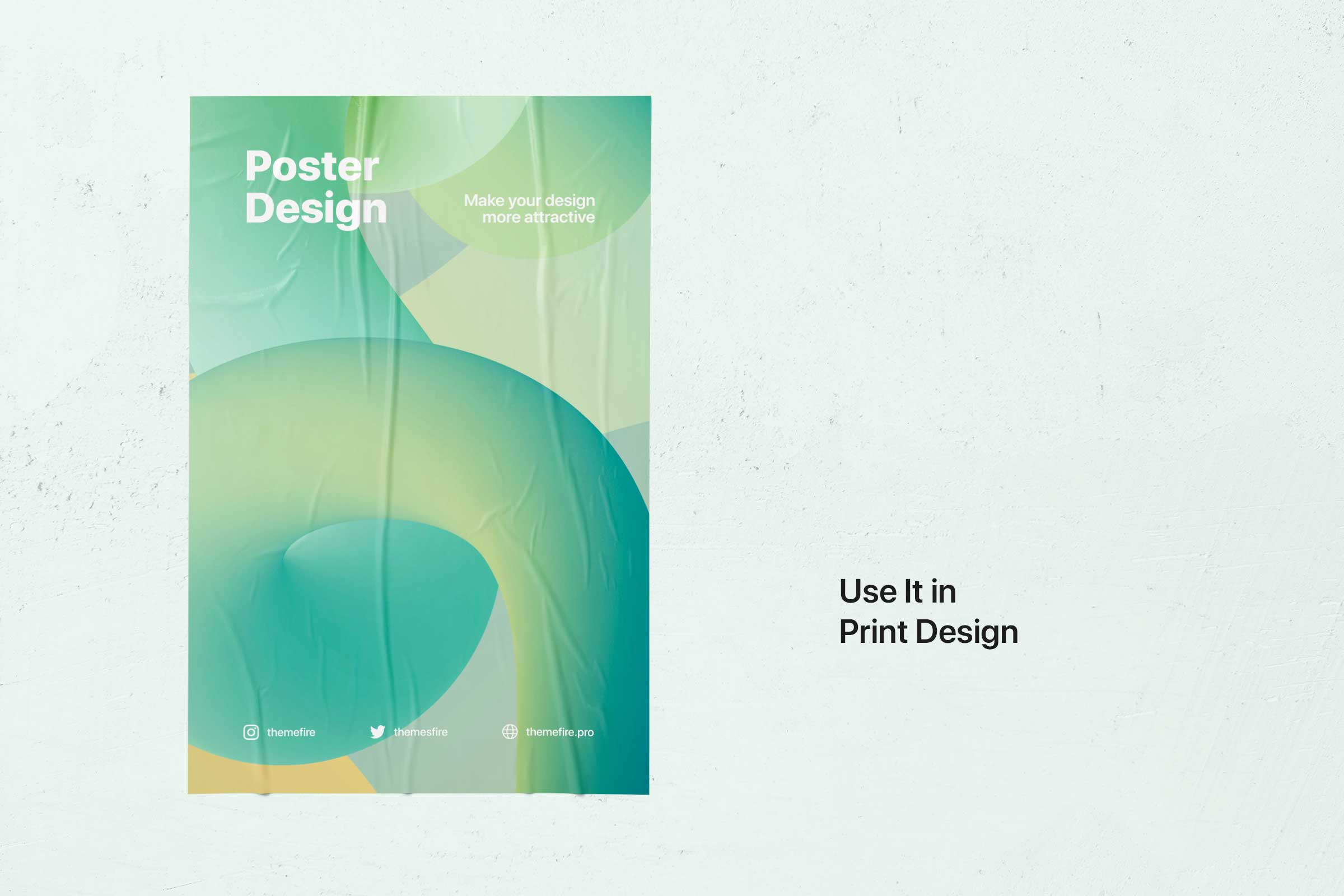 A promotional poster showcasing a modern graphic design with flowing green shapes, ideal for print design, displayed on a textured white wall