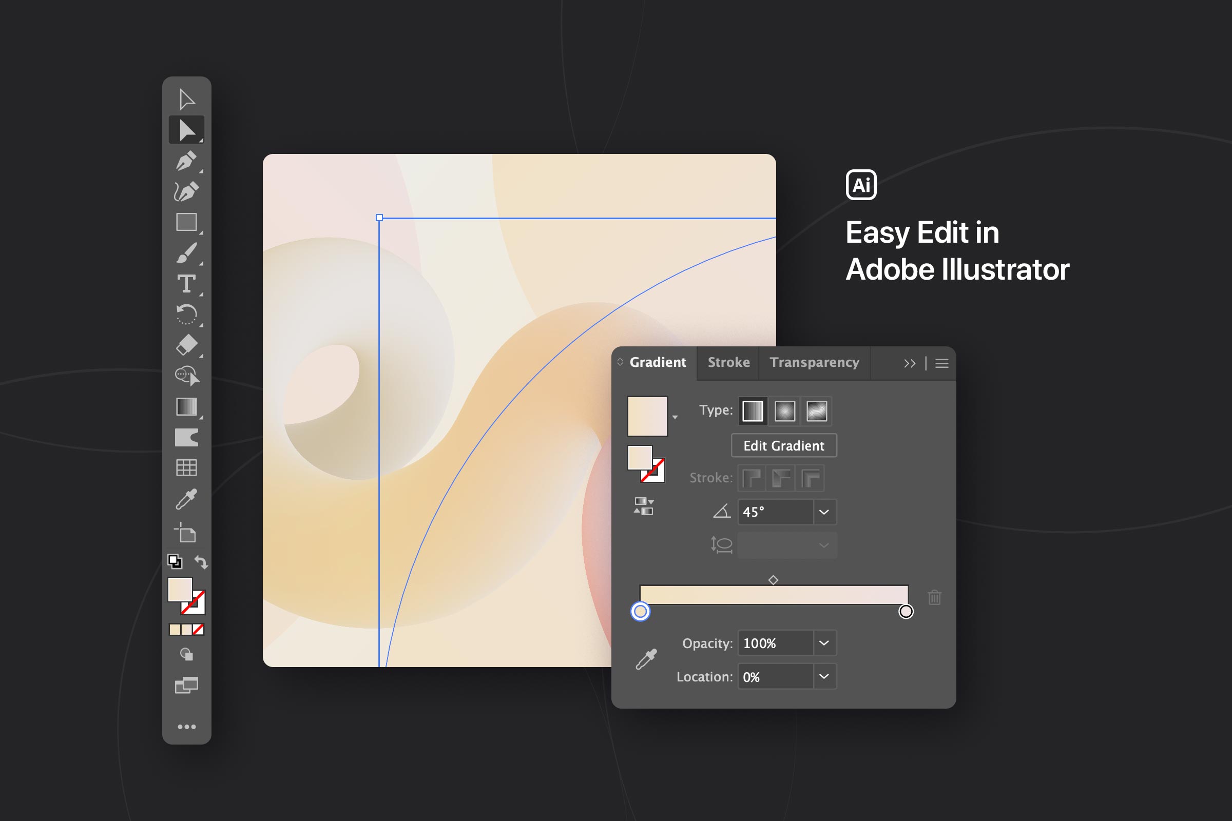 A preview of a vector graphic with soft gradient shapes on Adobe Illustrator, featuring an open editing panel highlighting the ease of customization in the software