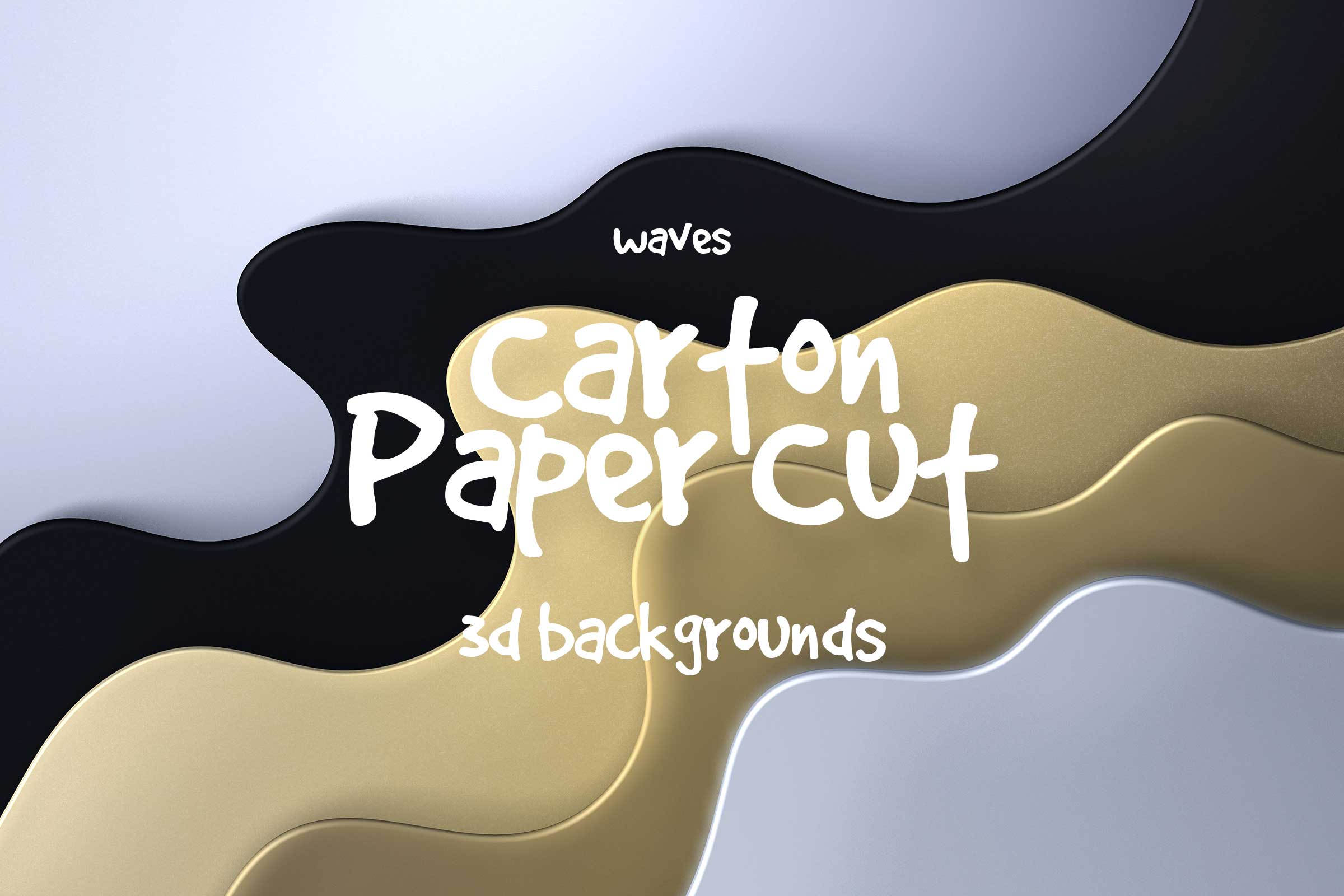 Cover image for 'Papercut Waves 3D Backgrounds' collection featuring elegant, undulating waves in a luxurious gold and black design